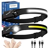 HyperDolphin Stirnlampe LED Wiederaufladbar, [2 Stück] Kopflampe mit Breitstrahl Stirnleuchte Aufladbar, 230 grad, usb c, 350 Lumen, 5 Modi, Bewegungssensor, Wasserdicht, Angeln Joggen Radfahren