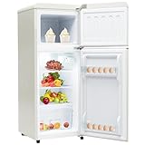 Merax Retro-Kühlschrank, Kühlschrank Klein mit Gefrierfach, 96L Minikühlschrank mit 28L Gefriervolumen, Zweitürig, 116 kWh/Jahr, -27°C ~13°C, LED-Licht, Weiß