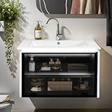 YLSZHY 24 Zoll LED schwimmender Badezimmer-Waschtisch mit Keramikspüle, moderner Wand-Waschbeckenschrank mit Glastür und Sensorleuchte für Zuhause, Badezimmer, kleiner Raum, ohne Wasserhahn