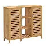sogesfurniture Badschrank Bambus, Badezimmerschrank, Beistellschrank mit 4 Ablagen und 2 Lamellentüren Aufbewahrungsschrank für Badezimmer, Wohnzimmer, Küche, 100x33x87cm