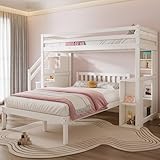 Queta Etagenbett mit seitlichen Ablagen, 90 * 200cm+120 * 200cm, Multifunktionales Kinderbett, Kinder-Etagenbett, Mit Stautreppe, Großer Stauraum, Ohne Matratze, Kiefer + MDF, Weiß