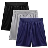 BEARAE Sport-Shorts für Jungen, Basketball-Shorts, schnelltrocknende Shorts mit Taschen, Kordelzug, elastischer Bund, 3er-Pack, Schwarz + Hellgrau + Marineblau, 7-8