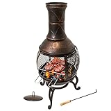 Terrassenofen Gartenkamin mit Grill, Gusseisen, Grillkamin 360° Feuerschein, Funkenschutzgitter