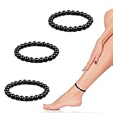 IOPYKKOA 3 Stück Anti-Schwellung Schwarzer Obsidian Schlankheits-Fußkettchen, Lymphdrainage Natürliche Magnetfeldtherapie Obsidian-Perlen-Armband-Fußkettchen, Anti-Krampfadern-Fußkettchen