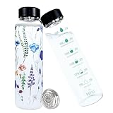 1 Liter Trinkflasche Glas mit Zeitmarkierung,BPA-frei,1000ml Trinkflasche Sport Glasflasche mit Schutzhülle & Edelstahl Sieb,Wasserflasche Glas Trinkflaschen Auslaufsicher Kohlensäure Geeignet