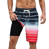 Arcweg Badehose für Herren Badeshorts mit Kompression 2 in 1 Schnelltrocknende Strandshorts Männer Elastisch Surf Shorts mit Reißverschlusstaschen XS-2XL Schwarz-rot XL（EU