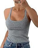 Wenrine Damen Tops Sommer Sexy U-Ausschnitt Gerippt Spaghetti Top Slim Fit Cami Einfarbig(Grau,S)