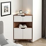 DlandHome Eckschrank mit 4 Ebenen, freistehende Aufbewahrungsmöbel mit Türen und Regalen für Küche, Wohnzimmer, Eingang, Teak