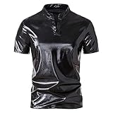 Disco Hemd Herren - Sommer Kurzarm T-Shirt Casual Kragen Mode Nachtclub Helles T-Shirt (Black S)