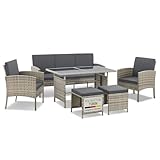 Juskys Polyrattan Gartenmöbel Sitzgruppe Turin Set 6 teilig - 7 Personen - Outdoor Möbel mit Sessel, Hocker, Tisch & Kissen - Garten Loungemöbel grau-meliert