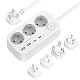 Reiseadapter Weltweit, Steckdosenleiste 3 Fach mit 4 USB(2 USB A,2 USB C), Deutsch zu US/UK/AU/India/Südafrika Adapter Steckdose mit 1,5M für Europa zu USA Mexiko Australien Thailand HK Namibia