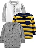 Simple Joys by Carter's Baby-Jungen Long-Sleeve, Pack of 3 T-Shirt, Gelb Streifen/Grau Dinosaurier/Weiß, 5 Jahre (3er Pack)
