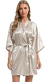 Vlazom Kimono Robe Damen Morgenmantel Kurzer Satin Bademantel Mit Gürtel V-Ausschnitt Kimono(M,Silberner Champagner)