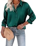 Beyove Damen Bluse Satin Seide V-Ausschnitt Hemden Elegant Langarm Business Oberteile mit Knöpfen Tops Lose Langarmshirt Dunkelgrün S