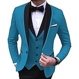 Herren 3 Teiliger, Stilvoller Anzug mit Schmaler Passform Schal Revers Ein Knopf Abschlussball Blazer Sets Casual Party Hochzeit Jacke Weste Hosen Set (Blau 1,2XS)