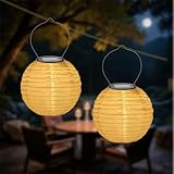 Solar Gartenlaternen 2er Set – 20 cm LED Solar Hängeleuchten Außen, Dekorative Lampions Außen Wetterfest & Solarlampen für Garten, Terrasse, Balkon, Hochzeit & Party, Nylon Lampion (Lampions Weiß)