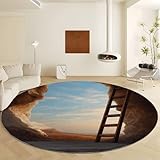 Generisch Naturlandschaft Teppich Rund 120 cm, rutschfest Teppiche Wohnzimmer Himmel Felsen Holzleiter - Waschbar Kurzflor Weich Runderteppich for Schlafzimmer büro Esszimmer Dekoration