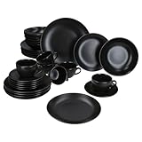 MamboCat Panther 30tlg Kombiservice I matt schwarzes Steingut-Geschirrset für 6 Personen I Je 6x Kaffeetassen 160ml, Untertassen, Kuchenteller, Suppenteller 420ml & Speiseteller