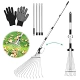 Laubrechen Verstellbar mit Stiel 207cm,Gartenrechen mit Handschuhe,Verstellbarer Rechen,Laubharke Metall,Rasenrechen,Fächerbesen,Rechen Garten,Laubrechen zum Reinigen von Pflanzen,Rasen und Hof