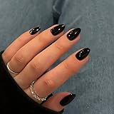 KQueenest Schwarz Press On Nails Kurz, Acryl Nägel zum Aufkleben Kurz Runde, Einfarbig Fake Nails Mandel Fingernägel zum aufkleben, Glänzende Gel Kunstnägel für Frauen Alltagstauglich 24 Stück