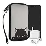 kwmobile Handytasche für Smartphones L - 6,5' - Neopren Handy Tasche Hülle Cover Case Schutzhülle - Neugierige Katze Grau Schwarz - 16,5 x 8,9 cm Innenmaße