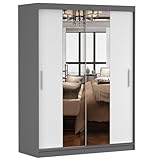 Fabryka Mebli Idźczak Kleiderschrank mit Spiegel, Schiebetüren - Schwebetürenschrank, Schlafzimmerschrank - ‎61 x 150 x 200 cm - Schrank für Schlafzimmer, Ankleidezimmer, Garderobe - Grau/Weiß