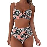 Bikini Damen Set Push Up - High Waist Bikinis für Damen Bauchweg Sexy Bikini-Sets Neckholder Bademode Wickeloptik V-Ausschnitt Zweiteiliger Badeanzug Blumen Swimsuit für Strand Schwimmbad