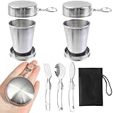 NIEEKRUN 2 Stück Edelstahl Reise Faltbecher 75ml Camping Becher Faltbar mit Faltbares Geschirr, Edelstahl Faltbecher Becher Faltbar Faltbarer Reisebecher für Reise Picknick Wandern