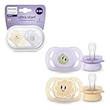 Philips Avent Ultra Start Schnuller, kiefergerecht geformter Schnuller für Neugeborene, BPA-frei, mit Sterilisations-,Transportbehälter, Doppelpack, lila,orange, Modell SCF075/03