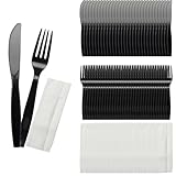 90 Stück Plastikbesteck, Plastik Besteck Set, Enthalten Plastikgabeln Plastik Messer und Papiertücher Unabhängige Verpackung, für Familie Partys (Messer/Gabel/Papiertücher je 30 Stück)