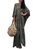 QUNERY Damen Strandkleid Elegante Lange Bikini Cover Ups Strandponcho Druck Lose Kaftan Smock Sommer Maxikleid (Armee Grün)