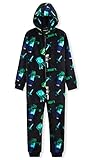 Minecraft Onesie, Jumpsuit Kinder, Schlafanzug Jungen, Ganzkörperanzug Schlafoverall Kinder, Warmer Fleece Overall Hausanzug (9-10 Jahre, Schwarz)