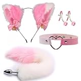 Analplug mit Fuchsschwanz, Halsband und Nippelklemmen, Katzenohren, Edelstahl-Analplug mit Kunstfell, Fuchsschwanz für Frauen, Kostüm, Cosplay