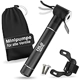 HiLo sports Fahrrad Minipumpe extra klein - Radpumpe Mini aus Aluminium - Für alle Ventile (DV, SV, AV) - 6 Bar / 90 Psi Fahrradluftpumpe - Mini Fahrradpumpe mit Halterung (Schwarz)