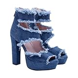 Warmhm Damen Sandalen aus Jeansstoff mit Absatz Offene Zehen Leicht und Vielseitig Kombinierbar Modische Sommersandalen für Alltag und Party