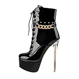 blingqueen Plateau Stiefeletten Damen Stiletto Ankle Boots Schnürstiefeletten Lackleder Schwarz 39 EU