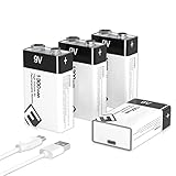 9V wiederaufladbare Batterie, 1300mAh Akku Schnellladung über Micro-USB-1500-Zyklen für Rauchmelder-Brandmelder Multimeter -4 Stück