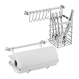 Relaxdays Küchenutensilienhalter Set, Edelstahl-Optik, Küchenrollenhalter, Abtropfgestell, Hängeleisten, 6 Haken, silber, 1 Stück