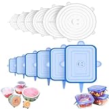 12 Stück Silikondeckel Dehnbar, Verschiedenen Größen Kreis und Rechteck Silikon Deckel, Dichtungsdeckel für Schüsseln, GläSer, Joghurtbecher, Dosen, Transparent Weiß und Blau (N)