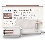 Philips WavePro Styler 9000 – mit SenseIQ Technologie und verstellbarem Stab für Locken und Wellen, 360°-Shaping-Technologie für langanhaltende Styles, Seidenweiß, mit Kosmetiktasche, Modell BHB968/10
