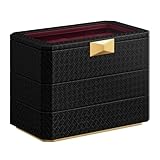 SONGMICS HOME RONNE Kollektion - Uhrenbox 3 Ebenen, 8 Fächer für Uhren, stapelbar, PU im Flechtlook, Schwebe-Effekt, Geschenkidee, Bezug in Schwarz, Innenfutter in Weinrot JWB021R01