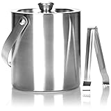 COM-FOUR® Eis-Eimer aus rostfreiem Edelstahl, Eis-Würfel-Behälter doppelwandig mit Deckel und Zange, 1,5 Liter (Bergen)