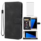 Wanyuexes Schutzhülle für Galaxy S7, Samsung S7 SM-G930A, Brieftaschen-Schutzhülle mit gehärtetem Glas, Displayschutzfolie, Hautgefühl, PU-Leder, Flip-Kreditkartenhalter, Ständer, Handyhülle für