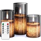 salipt LED Kerzen mit Fernbedienung Timer Funktion mit Glas Tasse, Flackernde Flammenlose, Echtwachskerze, Batteriebetrieben - Grau
