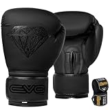EVO Maya Hide Leder-Boxhandschuhe für MMA-Boxsack, Sparring, Muay Thai, Kickboxen, Kampftraining, inkl. Handbandagen, Schwarz/Diamant, matt, 284 g (Schwarz, 12 OZ)