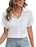 PASUDA Bluse Damen Sommer Elegant V-Ausschnitt Button-Down Blusen Casual Baumwolle Kurzarm Hemdbluse Basic Revers Hemd Oberteile Tunika Shirts Tops (Beige, XXL)