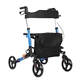 Mobilität Walker, Walker Rollator aus leichtem Aluminium mit Sitz und Rückenlehne, rutschfeste 8 Zoll Räder, Doppelbremssicherung, 6-stufige Höhenverstellung, Mobilitätshilfe faltbar blau