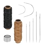Giantree Ledergarn Ledernadel, 2Roll Wachsfaden mit Sattlernadel, Wohnung Ledergarn Gewachst Inklusive Sattlernadel Rundnadel Leder Nadel Gebogene Nadel Fingerhut Für DIY Nähen Buchbinden Reparieren