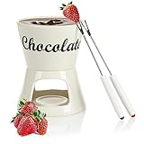 com-four® 4-teiliges Schokoladenfondue-Set - Keramikschale mit 2 Gabeln für 2 Personen mit Teelichthalter - Keramik-Fondue (weiß mit Schriftzug)