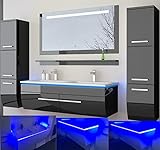 HOMELINE Badmöbel Set Doppelwaschbecken Waschbecken Spiegel und Ablage Vormontiert Badezimmermöbel LED Hochglanz lackiert Homeline1 Schwarz 120 cm 2 Hängeschränke